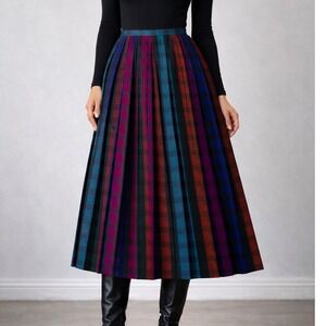 100% Wool Pleated Midi Skirt Plaid Striped Light Academia Vintage 80s Colorful